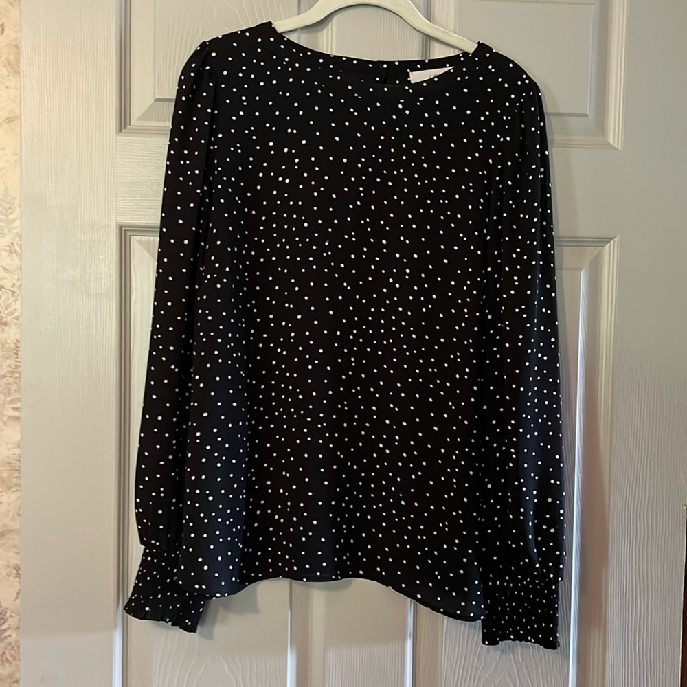 Loft beautiful pull over with one button closer on back. Rushed long sleeves.